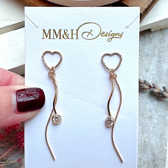 Sparkly Heart Stud Long Dangle Earrings with Cubic Zirconia | Handmade in BC - Picture 2 of 5